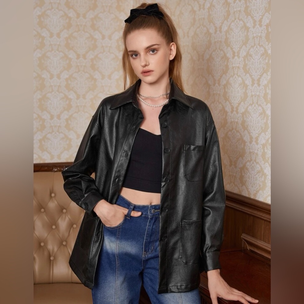 SHEIN MOD Patched Pocket Drop Shoulder PU Leather Coat